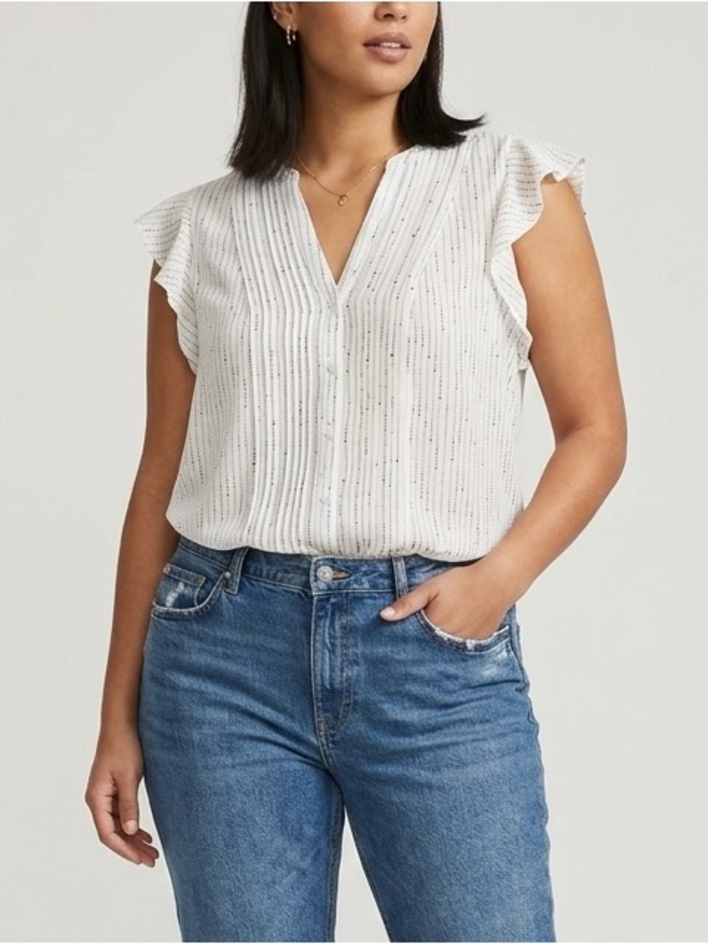 H&M White Textured V-Neck Flutter Sleeve Blouse